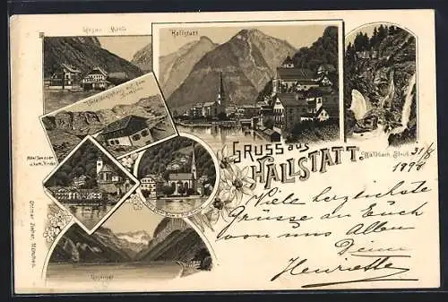 Lithographie Hallstatt /Waldbach Strub., Gasthaus Gosau-Mühle, Hotel grüner Baum, Hotel Seeauer, Unterkunftshaus