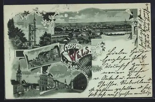 Mondschein-Lithographie Wels, Stadtpfarrkirche, Vorstadtplatz, Marienwarte am Reinberg, Stadtplatz