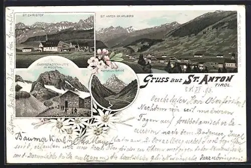 Lithographie St. Anton, St. Christof, Ortsansicht vom Arlberg, Darmstädterhütte im Moostal, Patteriol-Spitze