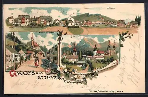 Lithographie Attnang, Strassenpartie, Ortsansicht, Gesamtansicht von Puchheim