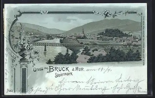 Mondschein-Lithographie Bruck a. Mur, Panorama mit Flusspartie