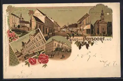 Lithographie Poysdorf, Dreifaltigkeitsplatz, K. k. Bezirksgericht, Josefplatz