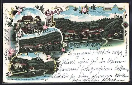 Lithographie St. Bernhard-Frauenhofen, Grünberg, Ortsansicht, Schloss Wildberg, J. Hofbauers Gasthof