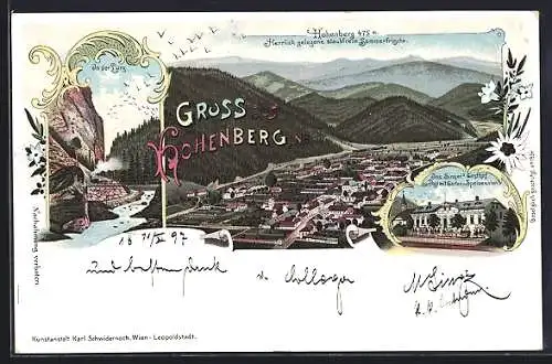 Lithographie Hohenberg /N.Ö., Jos. Singer`s Gasthof zur Post, in der Lurg, Gesamtansicht