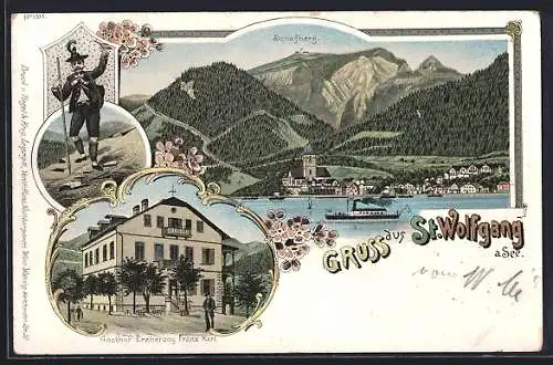 Lithographie St. Wolfgang a. See, Gasthof Erzherzog Franz Karl, Ortsansicht gegen den Schafberg