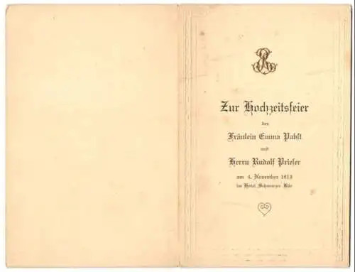 Menükarte 1913, Hotel Schwarzer Bär, Hochzeitsfeier des Frl. Emma Pabst und Herr Rudolf Prieser