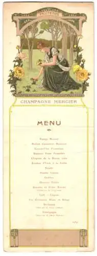 Menükarte Champagne Mercier, für Monsieur Prompsy Anatole, Lithographischer Entwurf von E. Sonrel