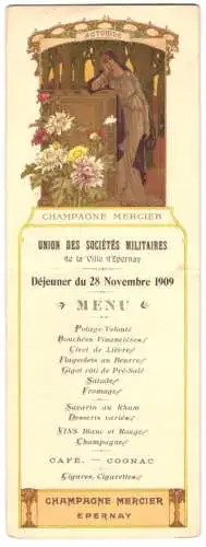 Menükarte Epernay 1909, Union des Societes Militaires, grafischer Entwurf von E. Sonrel