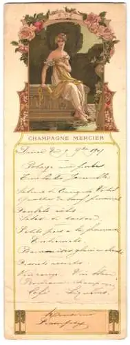 Menükarte Champagne Mercier 1907, lithografischer Entwurf von E. Sonrel