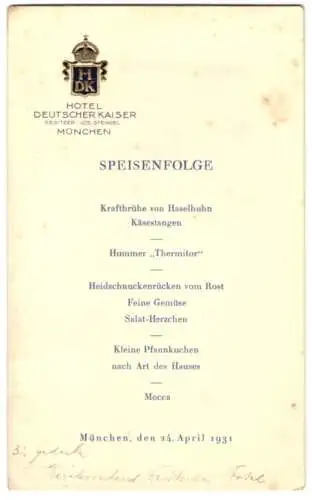 Menükarte Hotel Deutscher Kaiser München 1931, Speisefolge für den 24. April 1931, Wappen geprägt