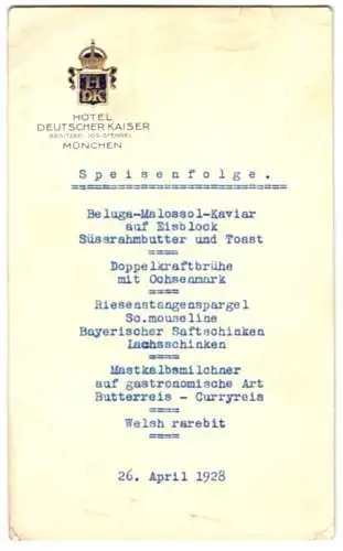 Menükarte Hotel Deutscher Kaiser München 1928, Speisefolge für den 26. April 1928, Wappen geprägt