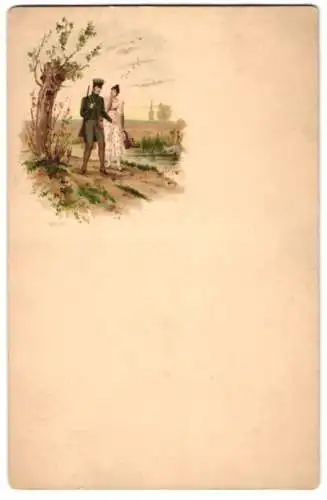 Menükarte Blanko, Lithographie Soldat mit junger Frau, grafischer Entwurf Heydel