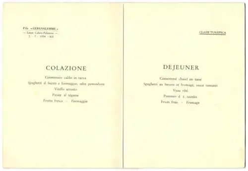 Menükarte 1934, P. fo. Gerusalemme, Colazione & Dejeuner, grafischer Entwurf: Gorani