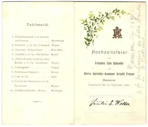 Menükarte Hannover 1900, Hochzeitsfeier Else Schuster & Gerichts-Assessor Arnold Freyer, Monogramm, Speisefolge