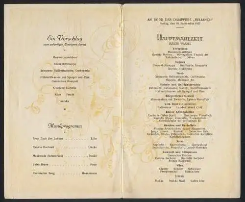 Menükarte 1937, Dampfer Reliance, Hauptmahlzeit, Musikprogramm, Menü für den 10. September 1937