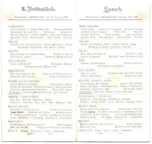 Menükarte 1908, Postdampfer Barbarossa, II. Frühstück, Ausführung in Deutsch und Englisch