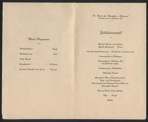 Menükarte 1937, Dampfer Reliance, Menü für 14. September 1937, Jubiläumsmahl & Musik-Programm, Deckblatt Deutschland