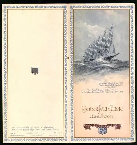 Menükarte 1937, Dampfer Reliance, Menü Kaltes Buffet & Gabelfrühstück, Deckblatt Grafik Preussen nach Hans Bohrdt