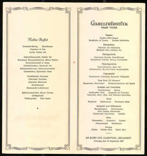 Menükarte 1937, Dampfer Reliance, Menü Kaltes Buffet & Gabelfrühstück, Deckblatt Grafik Preussen nach Hans Bohrdt