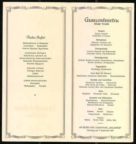 Menükarte 1937, Dampfer Reliance, Menü für den 07. September 1937, Kaltes Buffet & Gabelfrühstück, Grafik Hans Bohrdt