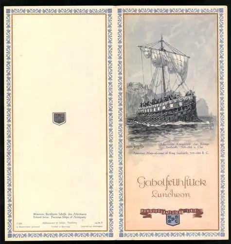 Menükarte 1937, Dampfer Reliance, Gabelfrühstück und kaltes Buffet, Grafik Deckblatt von Hans Bohrdt