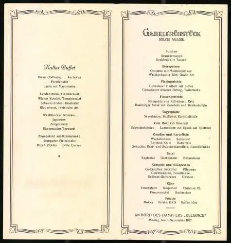 Menükarte 1937, Dampfer Reliance, Gabelfrühstück und kaltes Buffet, Grafik Deckblatt von Hans Bohrdt