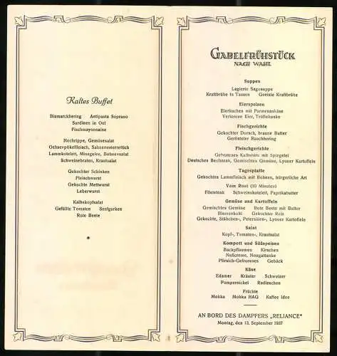 Menükarte 1937, Dampfer Reliance, kaltes Buffet & Gabelfrühstück für den 13. September, Grafik Deckblatt Hans Bohrdt