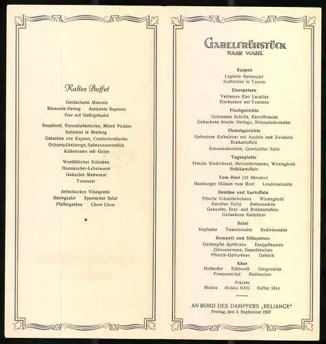 Menükarte 1937, Dampfer Reliance, Gabelfrühstück für den 03. September 1937, Grafik von Hans Bohrdt