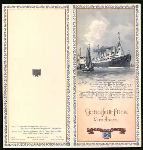 Menükarte 1937, Dampfer Reliance, Gabelfrühstück für den 10. Sept. 1937, Grafik von Hans Bohrdt