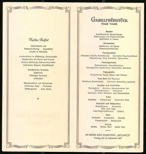 Menükarte 1937, Dampfer Reliance, Gabelfrühstück für den 10. Sept. 1937, Grafik von Hans Bohrdt