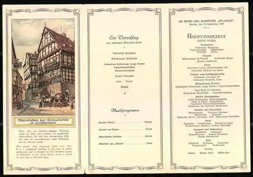 Menükarte 1937, Dampfer Reliance, Menü Hauptmahlzeit vom 13. Sep. 1937, Grafik nach H. Stockmann