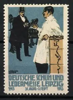 Reklamemarke Leipzig, Deutsche Schuh- und Ledermesse 1913, Herren im Gespräch