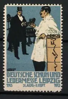 Reklamemarke Leipzig, Deutsche Schuh- und Ledermesse 1913, Herren im Gespräch