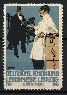 Reklamemarke Leipzig, Deutsche Schuh- und Ledermesse 1913, Schuhmacher und Kunde