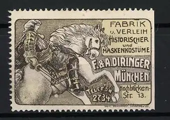 Reklamemarke München, Fabrik &amp Verleih Historischer Maskenkostüme, F. &amp A. Diringer, Reiter auf Pferd