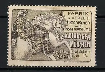 Reklamemarke München, Fabrik &amp Verleih Historischer Maskenkostüme, F. &amp A. Diringer, Reiter auf Pferd