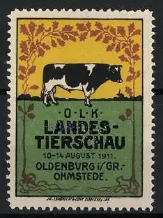 Reklamemarke Oldenburg, O.L.K. Landestierschau 1911, Kuh und Eichenlaub