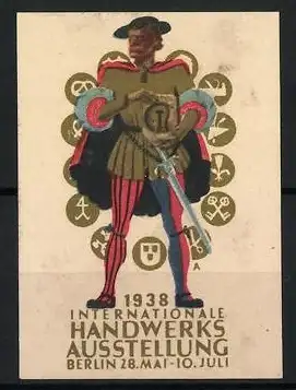 Reklamemarke Berlin, Internationale Handwerksausstellung 1938, Mann mit Schwert und Wappen