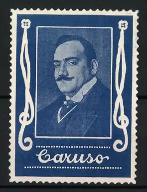 Reklamemarke Opernsänger Enrico Caruso, Porträt und Dekorative Elemente