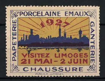 Reklamemarke Limoges, Visitez Limoges 1927, Stadtansicht mit Sonnenstrahlen