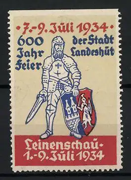 Reklamemarke Landeshut, 600 Jahrfeier, Ritter mit Wappen