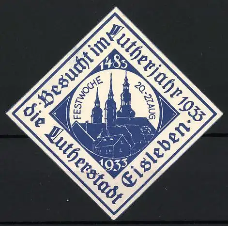 Reklamemarke Eisleben 1933, Festwoche 20.-27. Aug, Lutherstadt mit Kirchtürmen