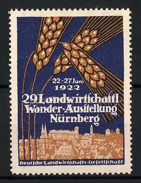 Reklamemarke Nürnberg, 29. Landwirtschaftl. Wander-Ausstellung 1922, Ähren und Stadtansicht