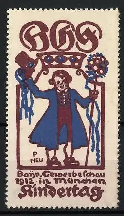 Künstler-Reklamemarke Paul Neu, München, Bayerische Gewerbeschau 1912, Kindertag, Knabe mit Zylinder und Blumenstrauss