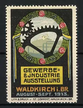 Reklamemarke Waldkirch, Gewerbe- & Industrieausstellung 1913, Zahnrad und Kranz