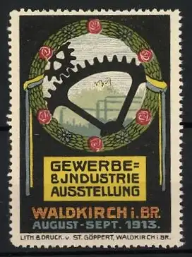 Reklamemarke Waldkirch i.Br., Gewerbe- & Industrie-Ausstellung, Zahnrad und Kranz, August-Sept. 1913