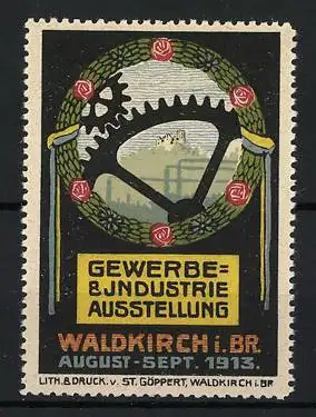 Reklamemarke Waldkirch i. Br., Gewerbe- & Industrie-Ausstellung 1913, Zahnrad und Kranz