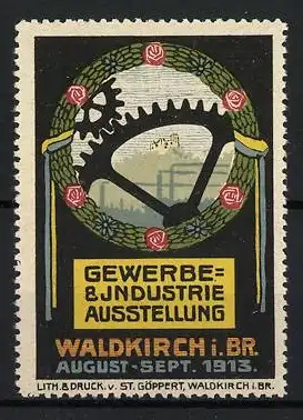 Reklamemarke Waldkirch, Gewerbe- & Industrieausstellung 1913, Zahnrad und Kranz