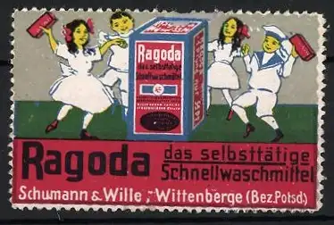 Reklamemarke Wittenberge, Ragoda Schnellwaschmittel, tanzende Kinder