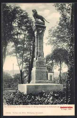 AK Grünstadt / Pfalz, Kriegerdenkmal mit Löwe, Anlasskarte Einweihung 1905